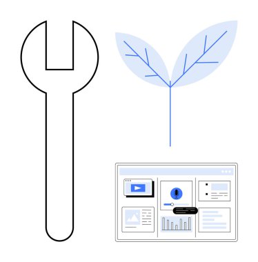 Anahtar simgesi, yaprak illüstrasyonu ve araçları, doğayı ve dijital analizi vurgulayan veri paneli. Sürdürülebilirlik, teknoloji, geliştirme analitik çevre mühendisliği büyümesi için idealdir. A
