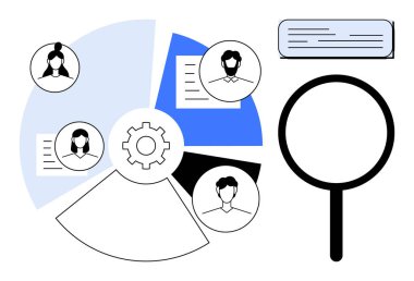 Büyüteç, pasta grafiği, profil, dişli ve metin kutusu takım çalışması, insan kaynakları ve analizi temsil ediyor. İşe alım, işgücü yönetimi iş stratejisi strateji veri analizi pazar araştırması için ideal