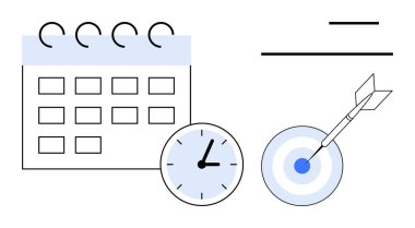 Takvim, saat ve hedef tahtası zamanlamayı, zaman yönetimini ve hedeflere ulaşmayı sembolize eder. Üretkenlik, planlama, motivasyon, organizasyon teslim tarihleri verimliliği için ideal basit düz metafor