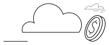 Bir dolar bozuk para ve küçük bulut aksanlı büyük bulut. Teknoloji, finans, bulut depolama, dijital ekonomi, veri yönetimi, fintech, minimalizm için ideal. Basit düz metafor