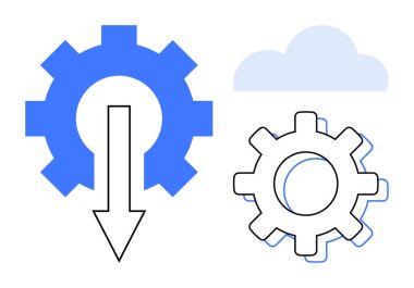 Aşağıya doğru ok atan mavi dişli, indirme işlemi, ana hatlı ekipman ve bulut depolama öneren bulut. Teknoloji, bulut hesaplama, veri paylaşımı, süreç otomasyonu, yenilik için ideal