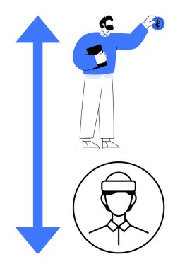 Yukarıdaki okun yanında kitap ve para tutan adam. Aşağıdaki dairesel iş profili simgesi. Büyüme, finans, yatırım, kariyer ilerlemesi, karar verme, liderlik fırsatları için idealdir. Basit düz