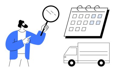 Büyüteçli adam, işaretli tarihli takvim ve kamyon ikonu. Lojistik, sevkiyat takvimi, tedarik zinciri, zaman yönetimi, verimlilik organizasyonu teslimat takibi için ideal. Basit.