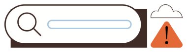 Arama çubuğunun üstündeki büyüteç, uyarı üçgeni ve bulut simgesi arama arızası, alarm veya bağlantı sorunu olduğunu gösteriyor. Çevrimiçi sorun giderme, hata, başarısızlık, uyarı analiz bulutu için ideal