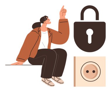 Düşünceli bir hareketle oturan bir kadın, asma kilit ve elektrik prizinin yanına işaret ediyor. Güvenlik, güvenlik, yenilik, teknoloji, koruma, farkındalık için ideal. Basit.