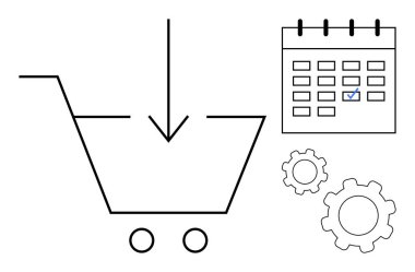 Online alışverişi simgeleyen oklu alışveriş arabası, tarihli takvim ve iş akışı için vitesler. E-ticaret, programlama, planlama, otomasyon, pazarlama, strateji için ideal