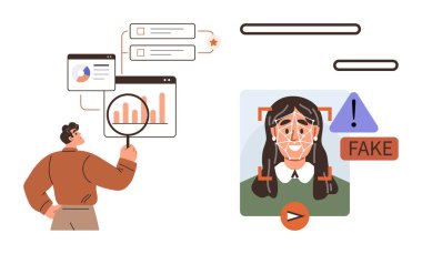 Adam analitiği, grafikleri ve grafikleri incelerken yüz tanıma sistemi de uyarı işareti ile sahte kimliği işaretliyor. Analiz için ideal, kimlik doğrulama, dolandırıcılık tespiti, siber güvenlik, yapay zeka