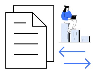 İki istiflenmiş belge, bar çizelgesine tünemiş bir dizüstü bilgisayar üzerinde çalışan bir kadın ve değiş tokuşu ve işbirliğini simgeleyen iki ok. Takım çalışması, veri akışı, uzaktan çalışma, eğitim ve analitik için ideal