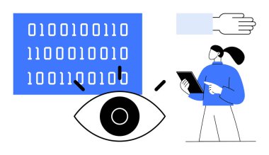 Büyüteç ve belirgin göz sembolü olan ikili kod tableti inceleyen kişi ve soyut el simgesi. Teknoloji, siber güvenlik, veri analizi, yapay zeka, yenilik ve basit iniş için ideal