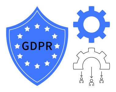 GDPR mesajı ve yıldızlı mavi kalkan, dişli simgesi ve bireylerle şematik veri akışı. Siber güvenlik, veri koruması, uyum, gizlilik politikası, düzenlemeler ve bilişim yönetimi için ideal