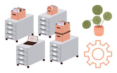 Dosyalar dolusu dosyalar, açık bir dizüstü bilgisayar, saksı fabrikası, ve organizasyonu temsil eden bir dişli, verimlilik ve işyeri yönetimi. Ofis yönetimi, iş akışı, verimlilik için ideal