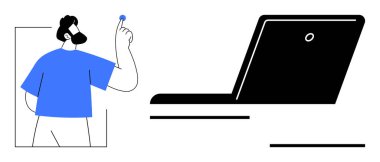 Mavi gömlekli sakallı adam dizüstü bilgisayarın yanında küçük bir nesne tutuyor. Teknoloji, yenilik, beyin fırtınası, teknik destek, dijital öğrenme, uzaktan çalışma, yaratıcı düşünme için idealdir. Basit düz