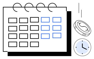 İşaretli tarihli takvim, hareket halindeki para, ve saat çizelgesi, zaman yönetimi, bütçe. Finans, üretkenlik, tasarruf, planlama organizasyon iş akışı için idealdir basit düz
