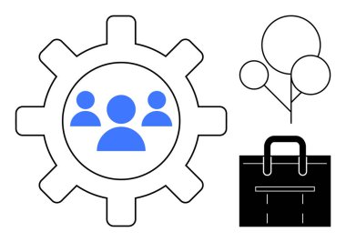 Takım simgeleriyle donanım işbirliği balonları kutlamayı simgeler ve siyah evrak çantası da işi simgeler. Takım çalışması, üretkenlik, ofis kültürü, hedef belirleme ve liderlik için ideal