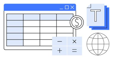 Para birimi sembolü, hesap makinesi simgeleri ve metin elemanlarıyla birlikte bir hesap tablosu arayüzü. Finans, muhasebe, iş, eğitim, analitik, veri yönetimi ve basit iniş için ideal