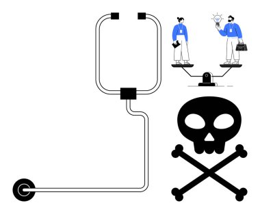 İş adamları denge ölçeğinde duruyor, boruları birbirine bağlı bir kafatası sembolüne karşı fikir alışverişinde bulunuyorlar. Yenilik için ideal, risk yönetimi, güvenlik, takım çalışması, karar verme mekanizması, tartışma stratejisi
