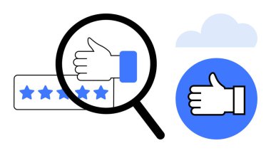 Başparmak kaldırma simgesi, yıldız derecelendirme çubuğu ve bulut arkaplanı üzerinde büyüteç. Müşteri geribildirim, kalite değerlendirmesi, memnuniyet, tanıma, güven, değerlendirme için idealdir basit iniş sayfası