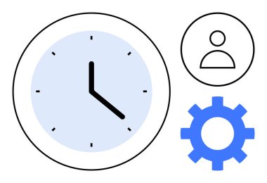 Elli saat yüzü, kullanıcı profili simgesi ve mavi dişli. Üretkenlik, zaman yönetimi, ayarlar, iş akışı, organizasyon planlaması için ideal. Verimlilik için düz metafor