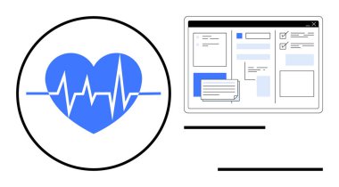 Dijital gösterge panelinin yanında nabız çizgisi olan kalp analitik, form ve mesajları gösteriyor. Sağlık denetimi, tıbbi uygulamalar, fitness, teletıp, sağlık hizmetleri, basitlik için ideal