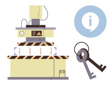 İki anahtar ve bir bilgi simgesinin yanında işletim paneli, uyarı çizgileri ve güvenlik sinyalleri olan bir fabrika makinesi. Güvenlik protokolü, endüstri iş akışı, uyarı tavsiyesi, erişim ve teknoloji için ideal