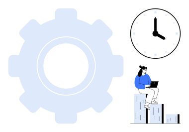 Geniş dişli, süreç saatini temsil ediyor. Çubuklardaki dizüstü bilgisayarlı kişi verimliliği ve hedefleri gösteriyor. Çalışma akışı, planlama, verimlilik, başarı, organizasyon, iş stratejisi için ideal