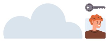 Büyük bulut şekli, bir kullanıcı profili resmi ve bir anahtar veri erişimini, güvenliği ve dijital kimliği simgeliyor. Kimlik doğrulama, siber güvenlik, teknoloji, kişisel gizlilik kontrol bulutu için ideal