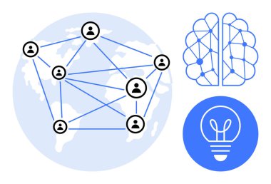 Bir dünya, sinir ağı beyni ve ampul üzerindeki kullanıcı simgeleri ile bağlantı haritası. Teknoloji, yapay zeka, yenilik, iletişim, takım çalışması, eğitim araştırması için ideal basit iniş sayfası