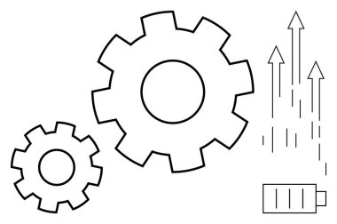 Birbirine kenetlenmiş iki vites, ilerleme, enerji ve büyümeyi temsil eden şarj pili ve yukarı doğru oklarla birlikte süreci ve işbirliğini sembolize eder. Yenilik, üretkenlik ve takım için ideal.