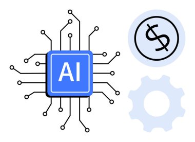 Mavi yapay zeka çipi devre çizgileri, dolar işareti simgesi ve teçhizatla çevrili. Yenilik, otomasyon, teknoloji, finans, iş geliştirme ve ekonomi kavramları için idealdir. Basit düz metafor