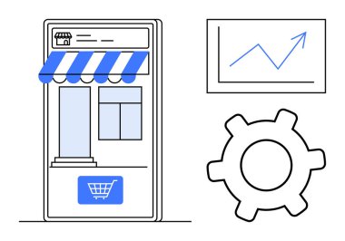 Tente ve el arabası ikonu, büyüme grafiği ve e-ticaret, optimizasyon, analitik, dijital pazarlama, perakende trendleri, iş stratejisi yeniliği ile mobil mağaza önü. Düz basit