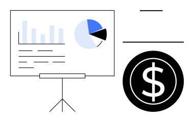 Çubuk grafiği, pasta grafiği ve ekranda verisi olan çizelge, dolar işareti simgesi olan tripod standı. Finans, ekonomi, pazarlama, yatırım, kâr analizi satışları için ideal sade düz metafor