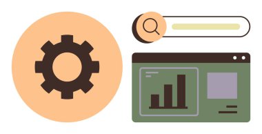 Ayarlar için vites, navigasyon için arama çubuğu ve grafikli analitik gösterge paneli. Web geliştirme için ideal, SEO, veri analizi, teknoloji, yenilik, iş stratejisi basit düz metafor