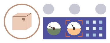 Çemberin içinde, göstergeleri, düğmeleri ve göstergeleri olan bir kontrol panelinin yanında kutu var. Lojistik, otomasyon, envanter yönetimi, veri kontrolü, imalat izleme teknolojisi için ideal. Basit düz