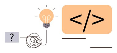 Fikir yayan ampul, soru işaretine bağlanan karmaşık kablo, kod elemanı parantezi. Yenilik için ideal, yaratıcılık, problem çözme, geliştirme, eğitim programlama takım çalışması. Basit düz