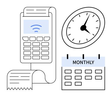 Faturalı ödeme terminali, analog saat ve aylık takvim. Zaman yönetimi, abonelik, bütçe, aylık fatura, sürekli ödeme planlama için idealdir. Basit düz