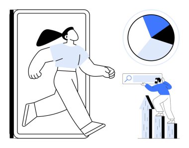 Akıllı telefondan çıkan büyük bir figür, analitik pasta grafiği ve yukarı doğru giden okları arayan biri. Teknoloji, ilerleme, analitik, yenilik, mobil uygulamalar, iş büyümesi için ideal