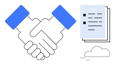 Mavi kollu el sıkışma, sözleşme belgeleri ve bulut çizimi. Takım çalışması, anlaşma, iş anlaşması, işbirliği, ortaklık iletişimi için ideal. Basit düz metafor