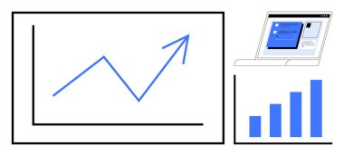Artan çizgi şeması, artan bar grafik ve dizüstü bilgisayar ekranı büyümeyi, veri takibini, performans analizini ve stratejiyi vurguluyor. İş, pazarlama, ilerleme izleme ve başarı için ideal