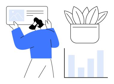 Ekrandaki veri tablosunu inceleyen adam, büyümeyi sembolize eden bitki, ilerleme gösteren çubuk grafiği. Analiz, takım çalışması, sunum, büyüme zihniyeti, yenilikçilik üretkenlik işi için ideal. Temiz