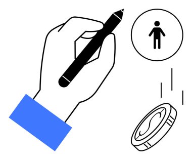 Siyah kalemi tutan, insan simgesi ve madeni paranın yakınına çizen. Karar verme, yaratıcılık, finans, sanat, insan odaklanma, fırsat ve minimalist kavramlar için idealdir. Basit düz metafor