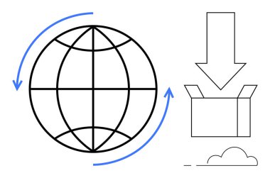 İndirmeyi sembolize eden bir kutu ve aşağı ok ile eşleştirilmiş, transferi simgeleyen oklu bir dünya çizgisi. Veri paylaşımı, küresel iletişim, bulut depolama, lojistik ve içerik stratejisi için ideal