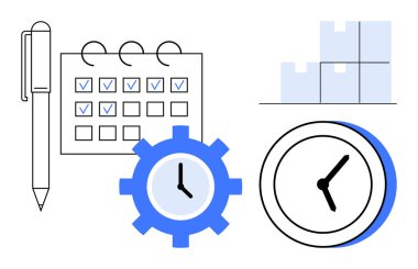 Kalem, takvim kontrol işaretleri, dişli, saat ve istiflenmiş kutular zamanlamayı, zaman takibini, verimliliği, verimliliği ve iş akışı optimizasyonunu sembolize eder. Takım planlaması proje yönetimi için ideal