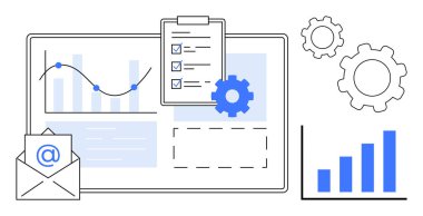 Moda çizgisi, bar çizelgesi, panoda kontrol listesi, vites, e-posta ve ekran arayüzü olan grafikler. Veri görselleştirme, süreç optimizasyonu, proje yönetimi iletişim analizleri için ideal
