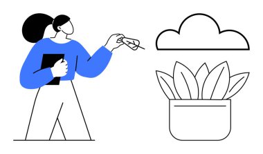 Tablet tutan kadın, geniş yapraklı bir bulut ve saksı bitkisini işaret ediyor. Sürdürülebilirlik, çevre, doğa, büyüme, teknoloji, minimalizm veya yenilik temaları için idealdir. Basit düz