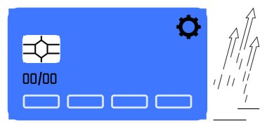 Artan oklarla birlikte çip ve ayar dişli ikonu içeren ödeme kartı büyümeyi, ilerlemeyi, finans ve teknolojiyi simgeliyor. Ödeme sistemleri, fintech, dijital bankacılık ve yatırım için ideal