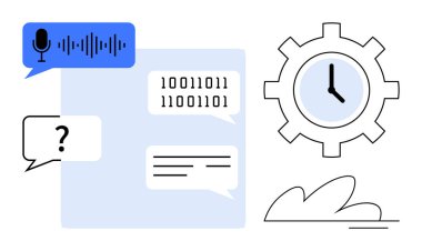 Konuşma ses girişi, ikili kod, diyalog baloncukları, saat teçhizatı ve soyut elementler. Yapay zeka, otomasyon, iletişim üretkenliği teknolojisi dijital dönüşüm iş akışı için idealdir. Temiz