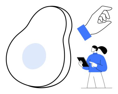 Soyut avokado şekli, el hareketi, at kuyruklu tablet tutan kadın. Gıda, teknoloji, minimalizm, modern tasarım, eğitim, jest tanıma için ideal basit iniş sayfası