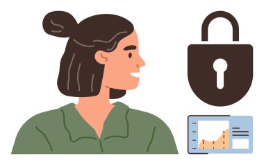 Güvenlik ve veri analizini temsil eden bir kilit sembolü ve dijital tabloya bakan bir kadın. Gizlilik, teknoloji, güvenlik, veri koruması, analiz, dijital güvenlik, çevrimiçi mahremiyet için ideal