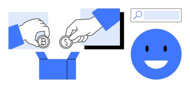 Şifreli para ve bozuk paraları bir kutuya, arama çubuğuna ve gülümseyen yüze koyan eller. Bağış toplamak için ideal, hayır kurumu, kripto para birimi, çevrimiçi ödeme, e-ticaret, basit iniş sayfasını finanse etmek için.