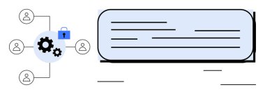 Çizgilere bağlı, güvenlik, işbirliği ve veri akışını temsil eden ağ diyagramı, kilit ve kullanıcı simgeleri. Takım çalışması, mahremiyet, teknoloji iletişim veri yönetimi için ideal